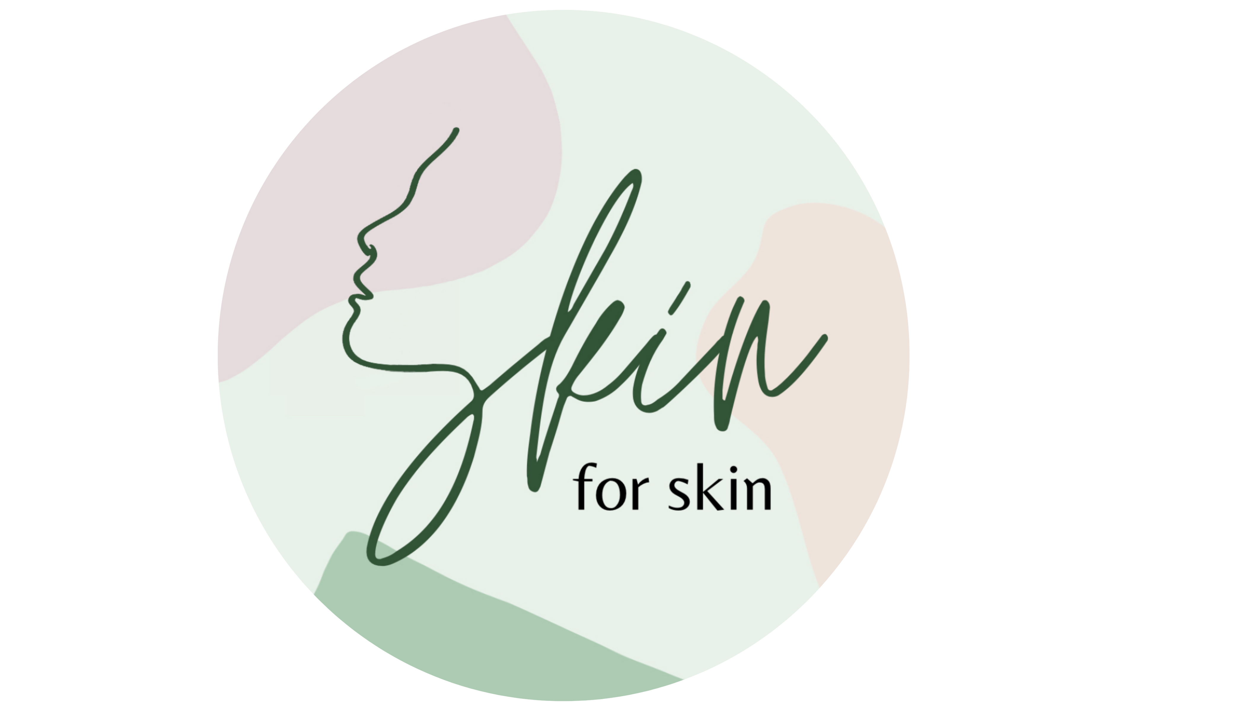 Skin for Skin Logo. A circle with peach, purple, and green shapes in it. The outline of a face spells out the letter S, and the rest of the name Skin for Skin is spelled out.